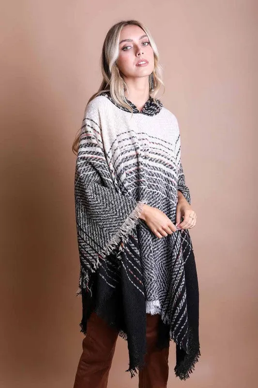 DS Herringbone Tweed Hooded Frayed Edge Poncho