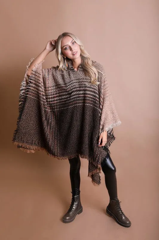 DS Herringbone Tweed Hooded Frayed Edge Poncho