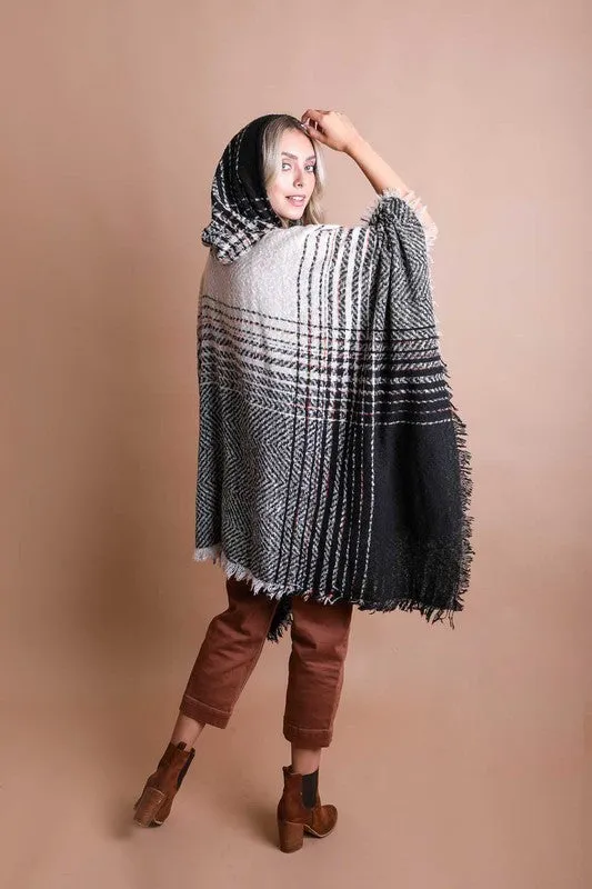 DS Herringbone Tweed Hooded Frayed Edge Poncho