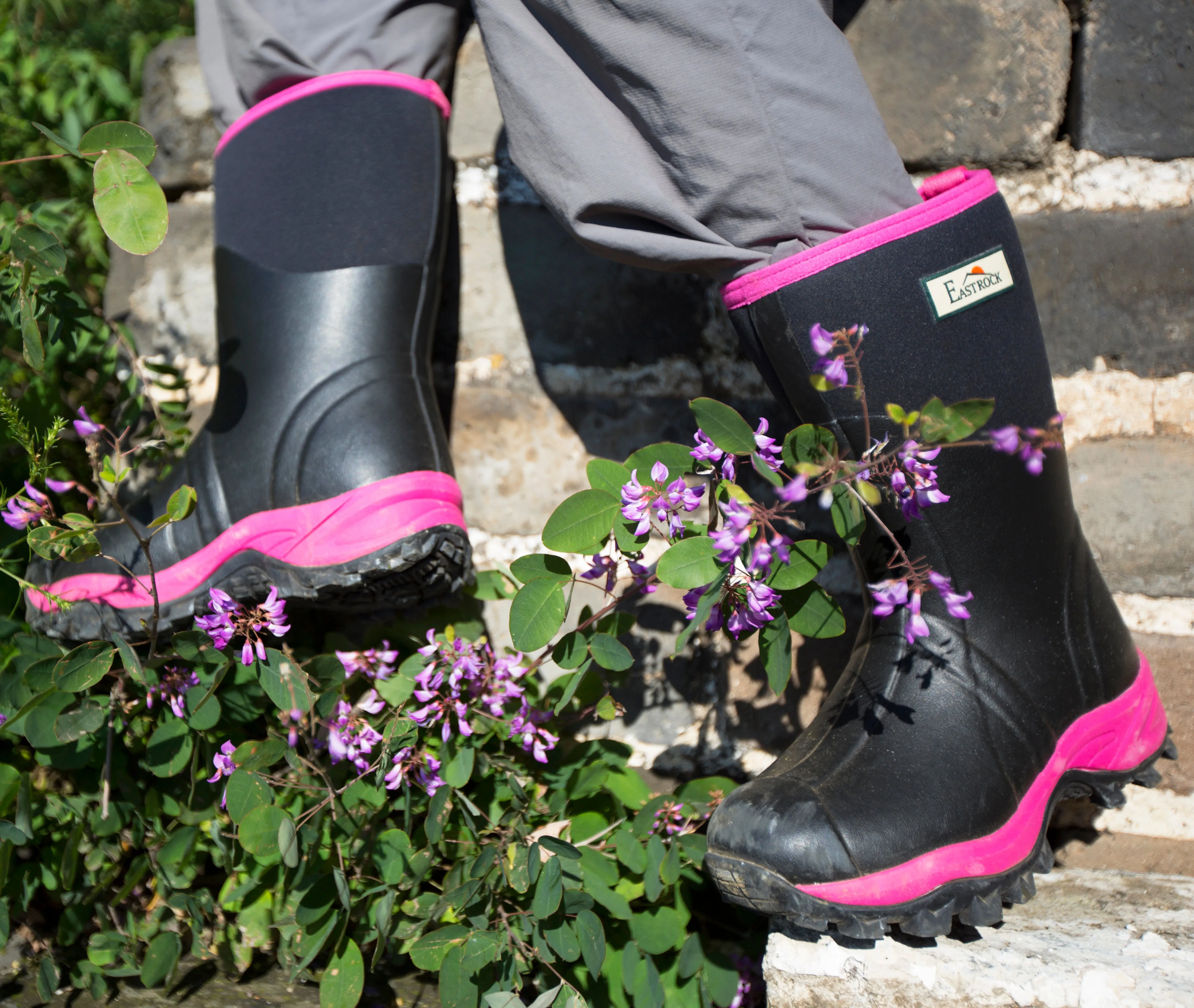 East Rock Women 11 in. Waterproof Outdoor Rubber Boots Black/Fuchsia (6 Sizes)