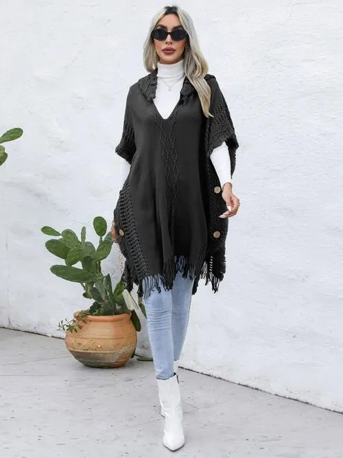 Fringe Trim Buttoned Hooded Poncho