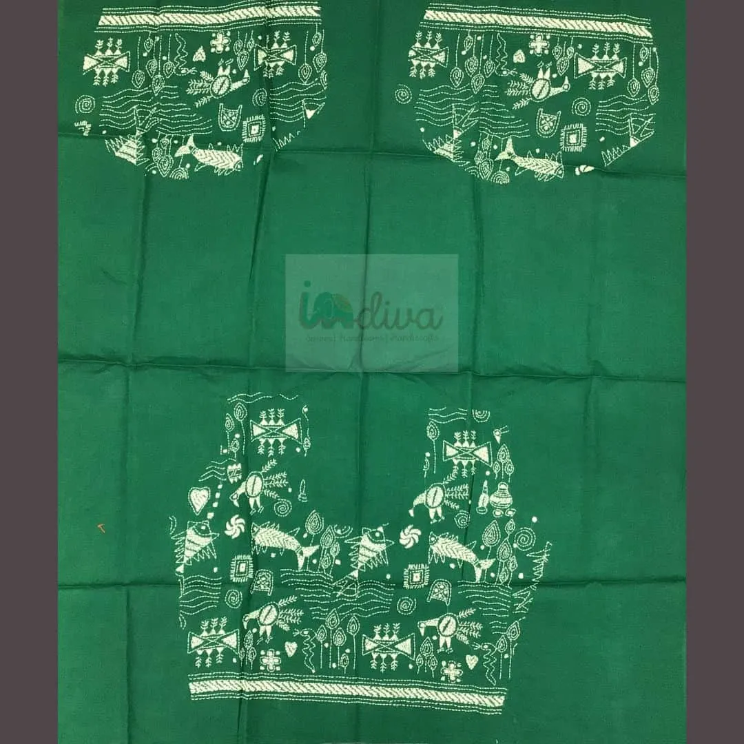 Green Kantha Blouse Fabric With Worli Motifs