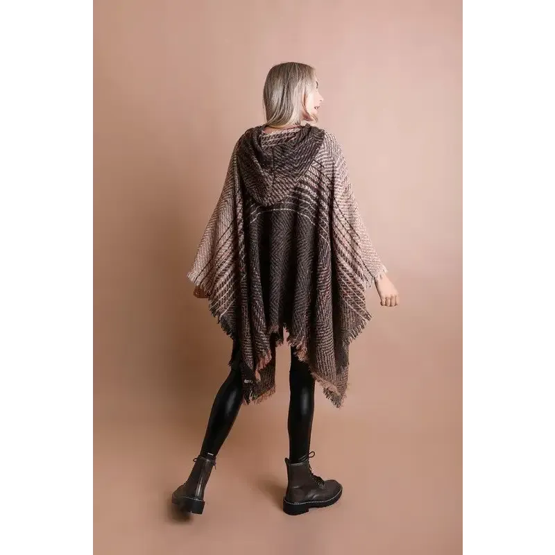 Herringbone Tweed Hooded Frayed Edge Poncho