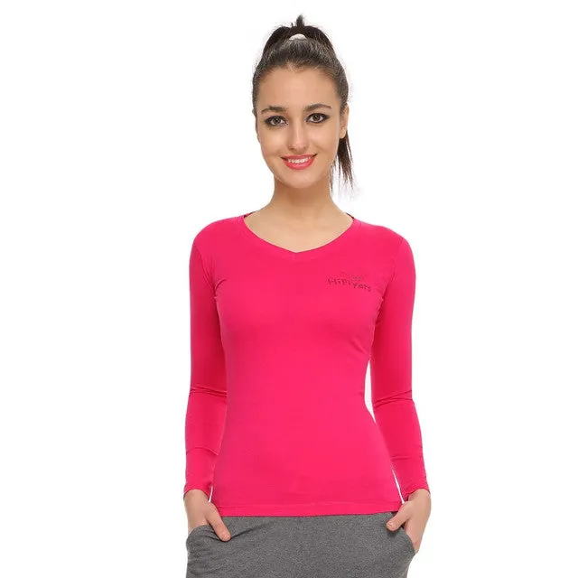 HiFlyers Women Full Sleevs T-Shirts V Neck Fuschia