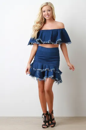 High Rise Frayed Tiered Denim Midi Skirt