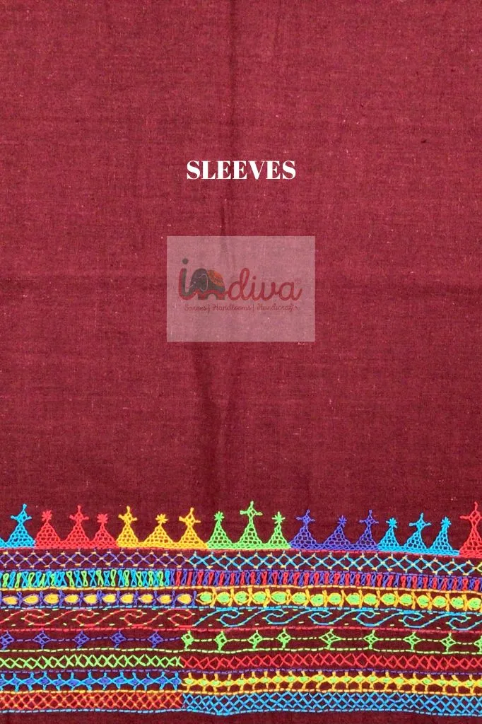 Indiva Handcrafted Lambani Embroidered Maroon Khadi Blouse Piece