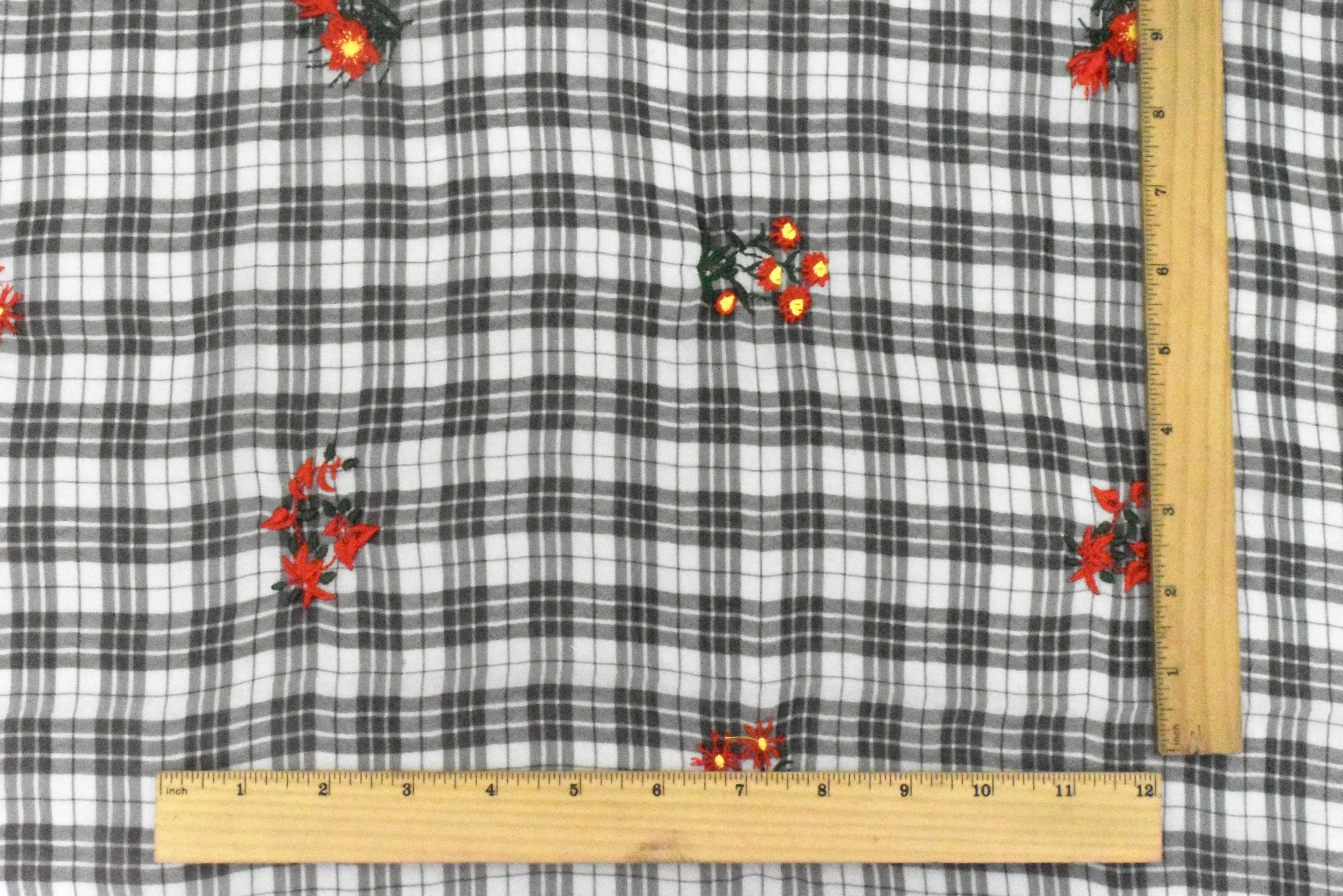 Ivory-Black-Multi Floral Embroidered Plaid Polyester Chiffon Woven Fabric