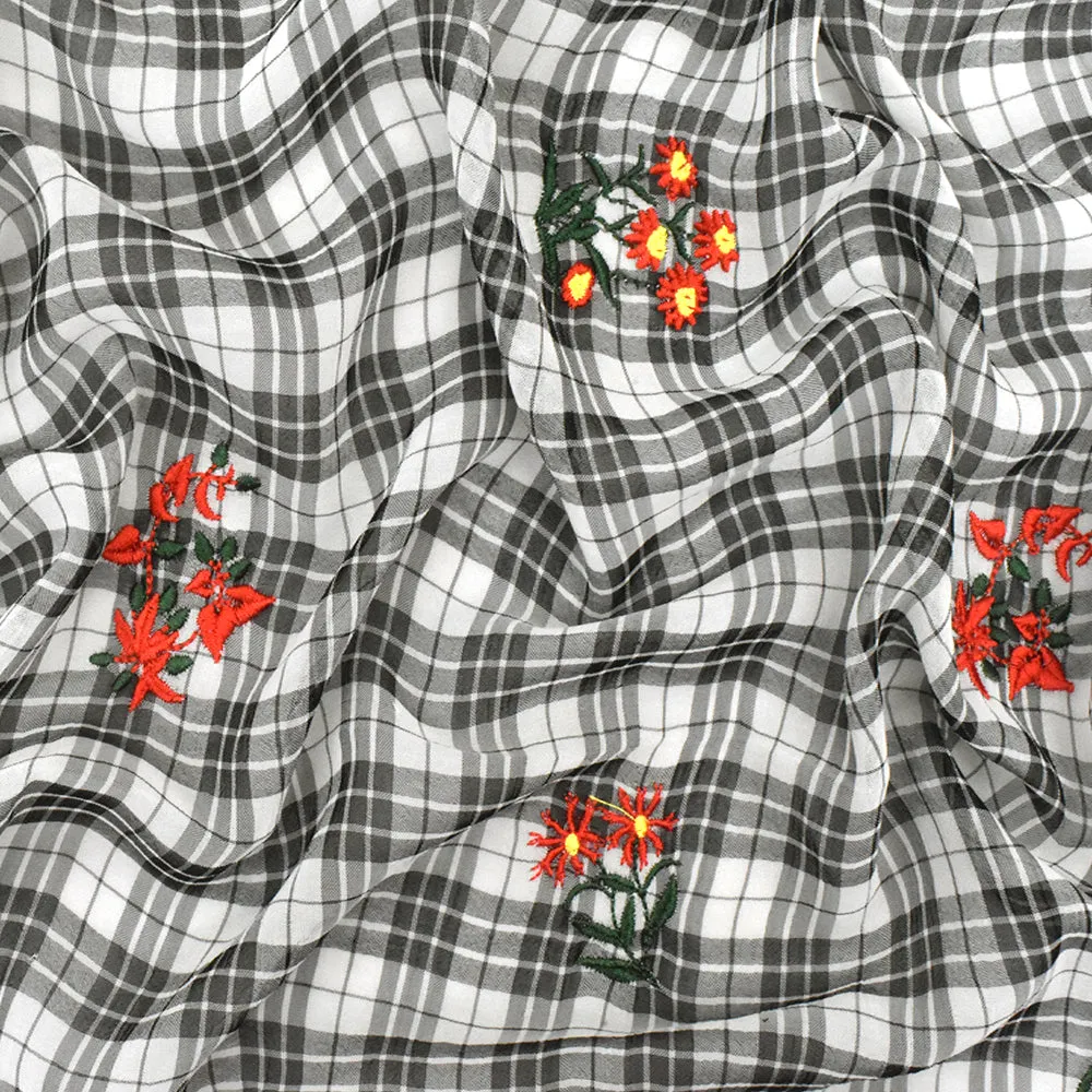 Ivory-Black-Multi Floral Embroidered Plaid Polyester Chiffon Woven Fabric