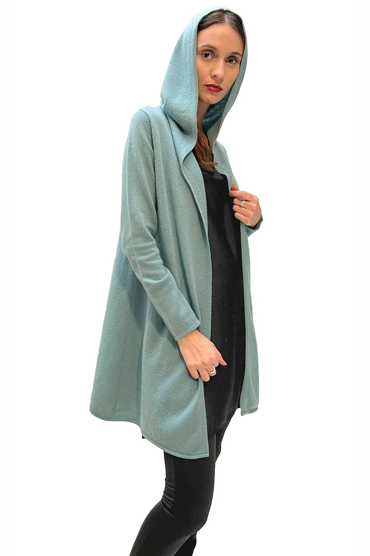 Long Cashmere Hooded Cardigan in Light olive