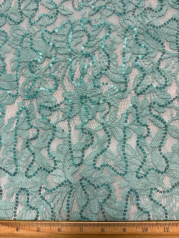 Mint Green Embroidered Sequin Lace Fabric