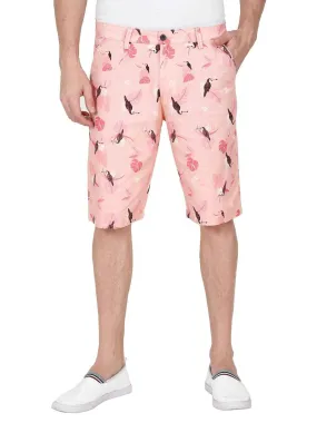 Peach Men Bird Printed Cotton Shorts