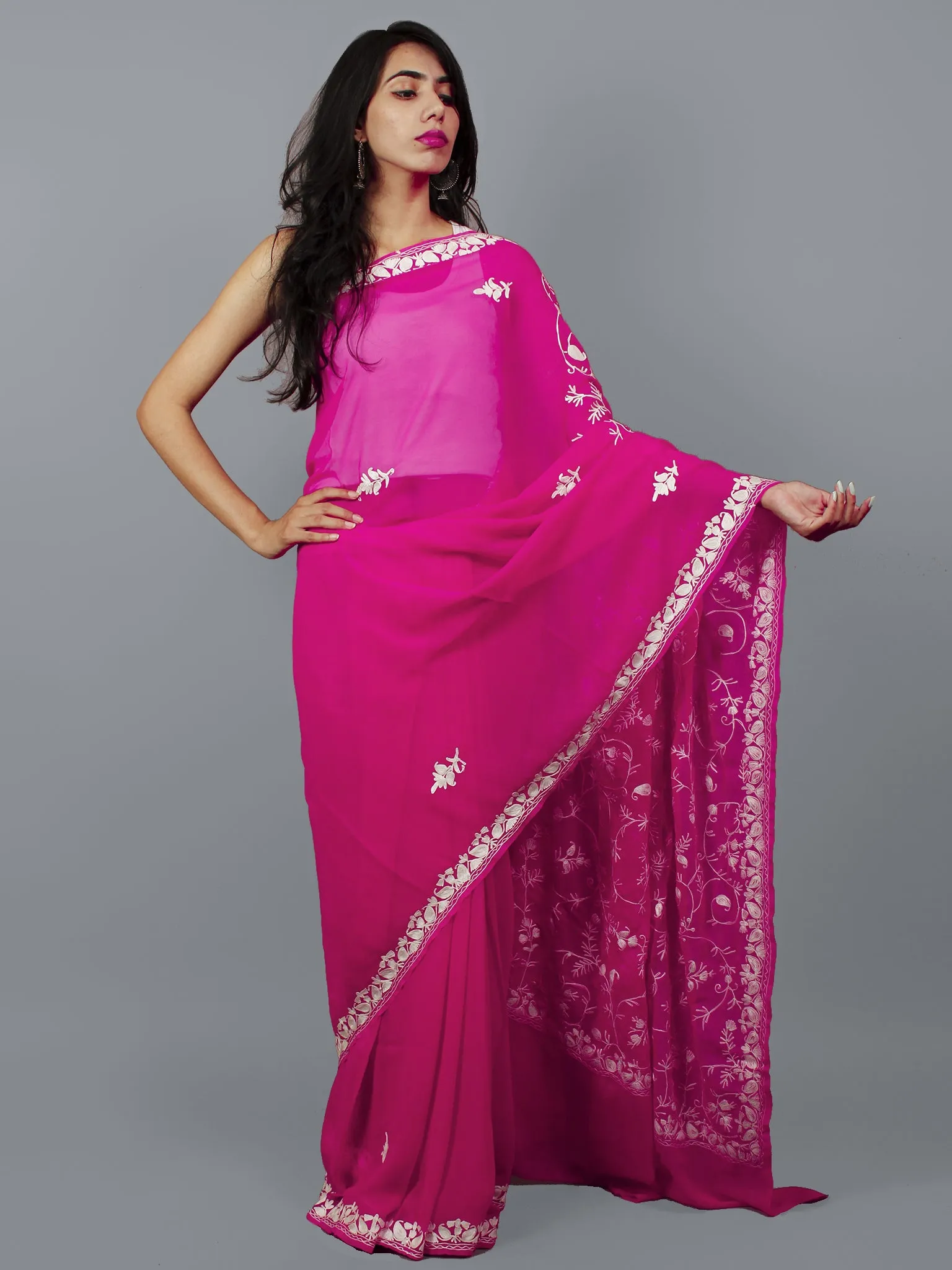 Pink White Aari Embroidered Chiffon Saree From Kashmir  - S031702134