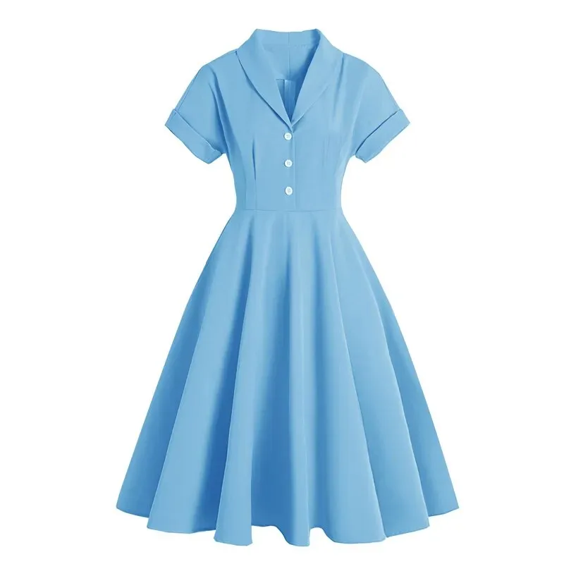 Retro Turn Down Collar Button Up Dress, 1950S Vintage Style Ladies Solid Midi Swing Dress