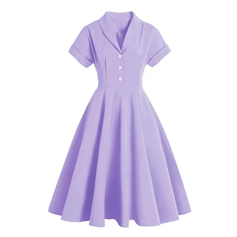 Retro Turn Down Collar Button Up Dress, 1950S Vintage Style Ladies Solid Midi Swing Dress