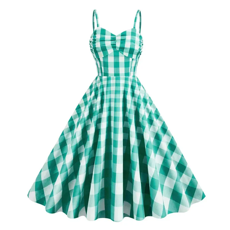 Rockabilly Style Dress, Vintage Retro Gingham Dress, Spaghetti Strap High Waist Party Retro Swing Dress