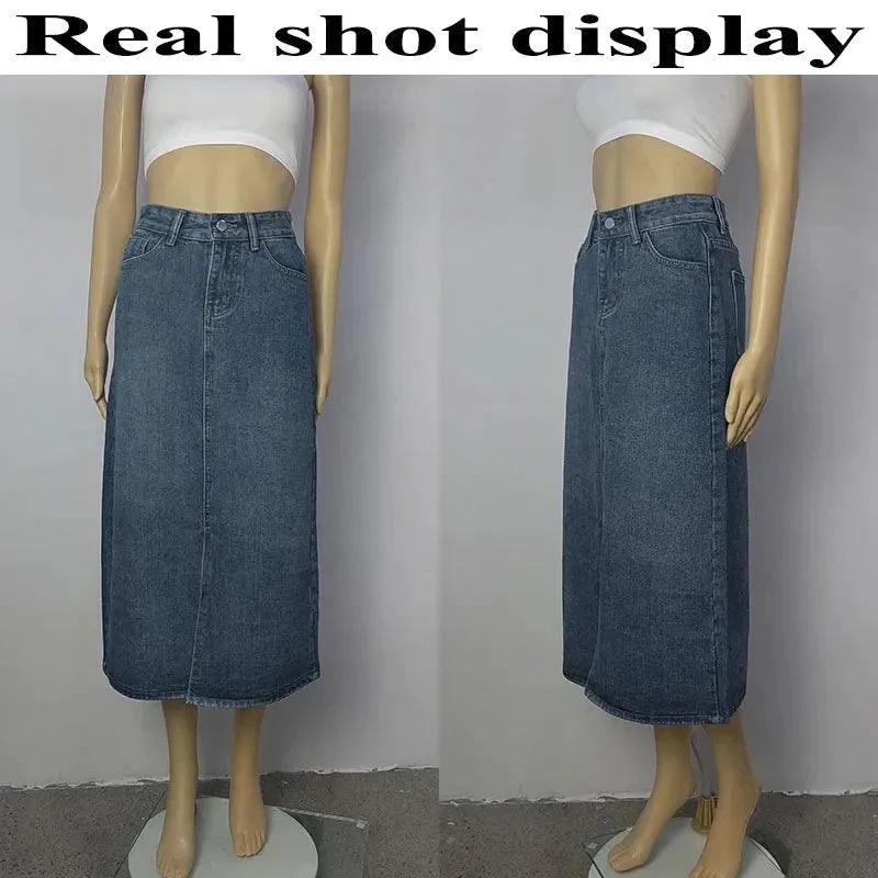 Summer Women's High Waist Denim Midi Skirt - Front Slit Long Streetwear Casual Straight Skirt