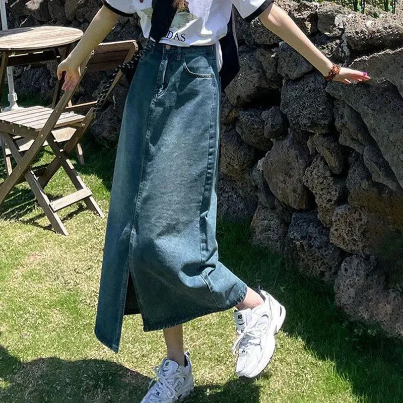 Summer Women's High Waist Denim Midi Skirt - Front Slit Long Streetwear Casual Straight Skirt