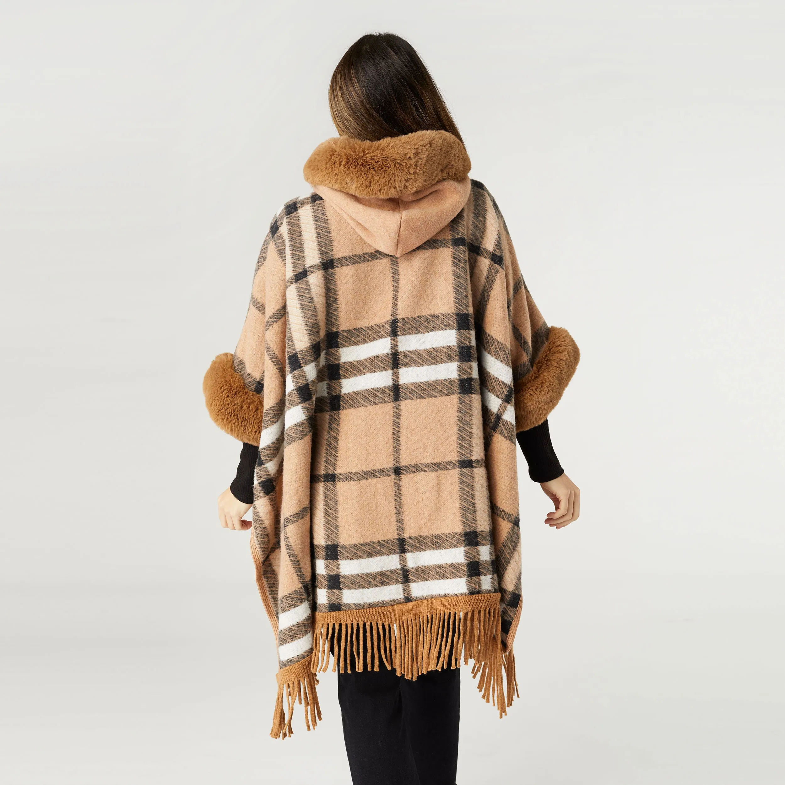 Teton Hooded Ruana with Faux Fur Trim - Camel