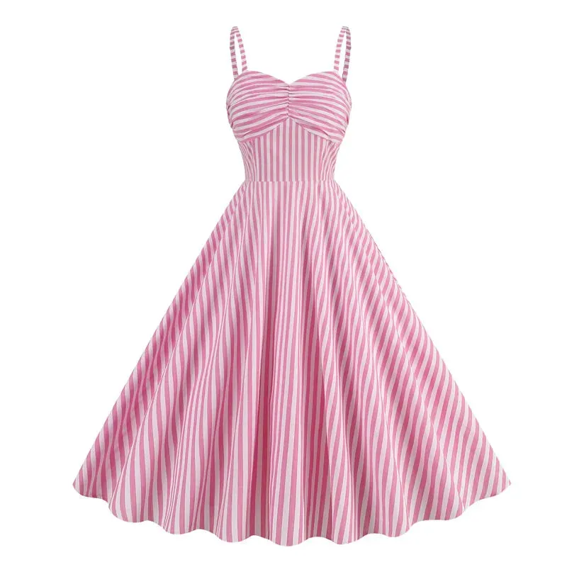 Vintage Retro Gingham Dress, Spaghetti Strap High Waist Party Retro Swing Dress