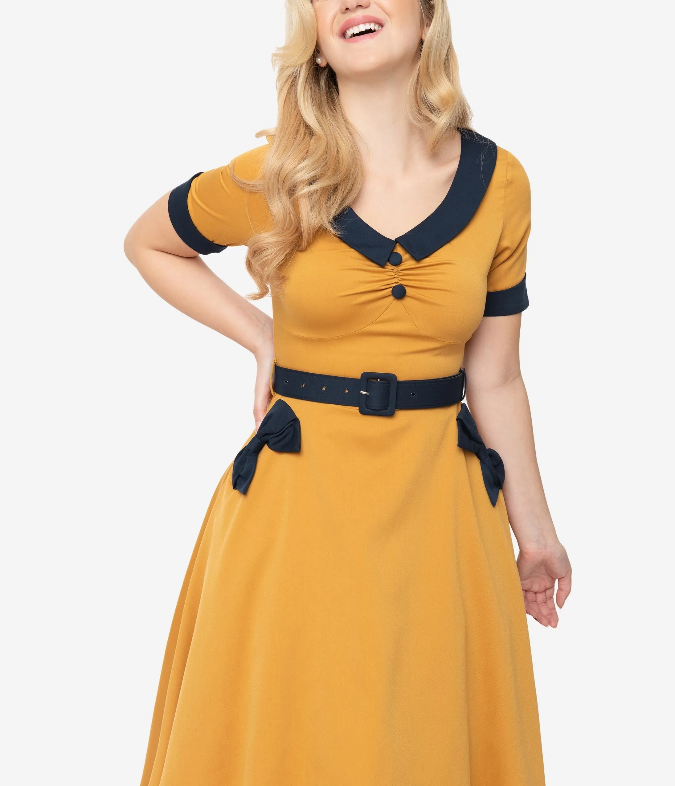 Voodoo Vixen Retro Style Mustard Yellow Maryann Swing Dress