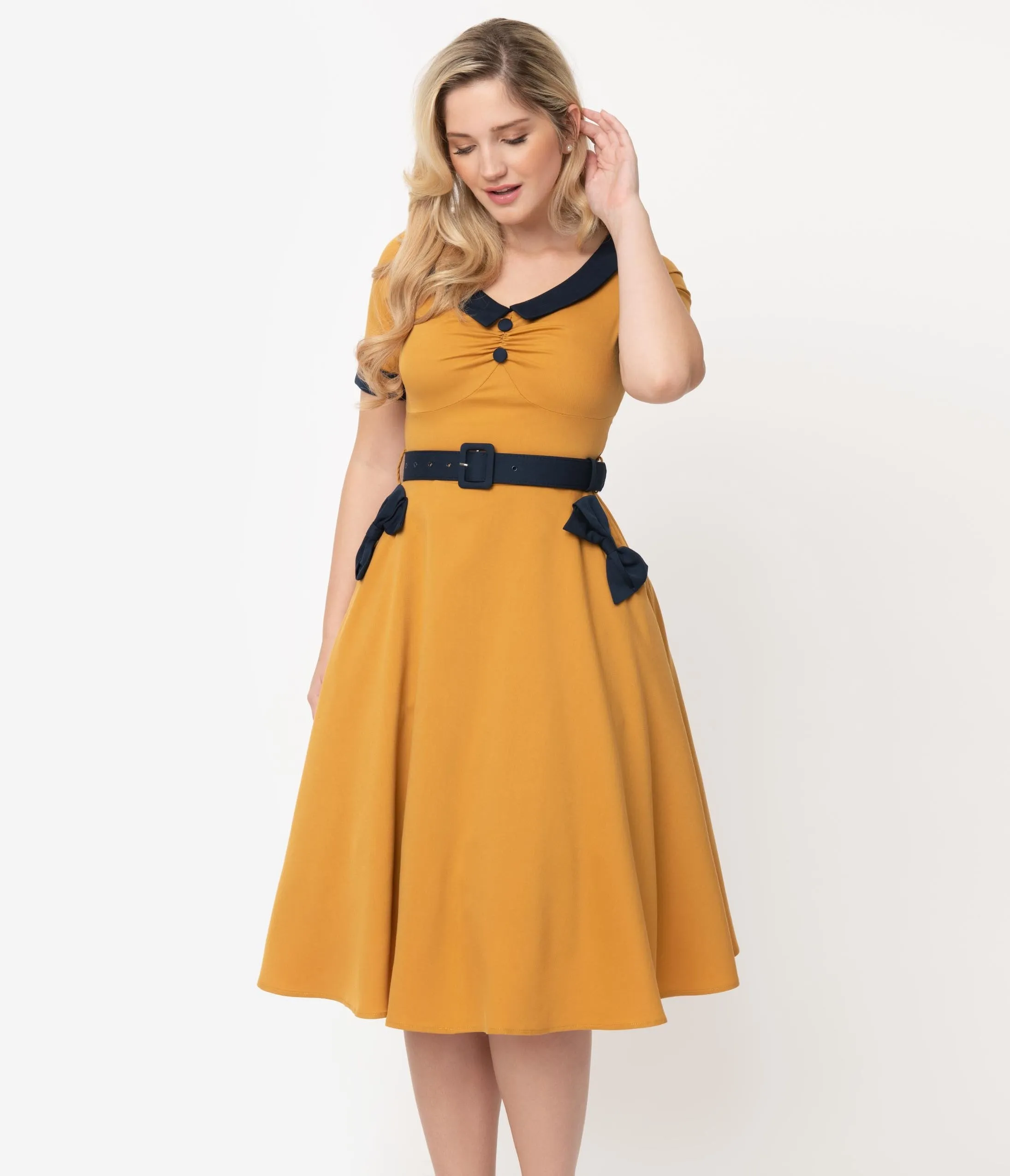 Voodoo Vixen Retro Style Mustard Yellow Maryann Swing Dress