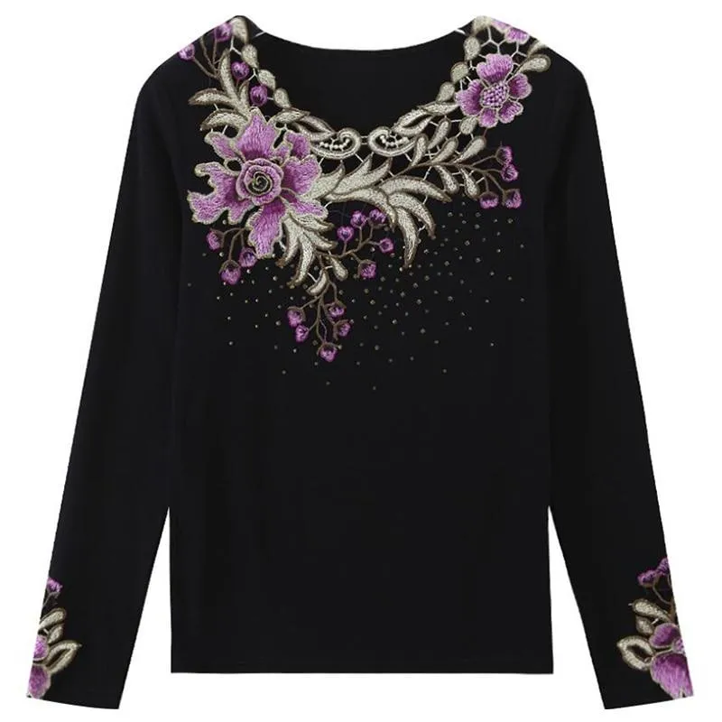 Woman Floral Embroidered Long Sleeve Blouse