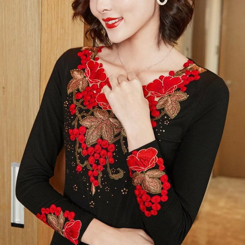 Woman Floral Embroidered Long Sleeve Blouse