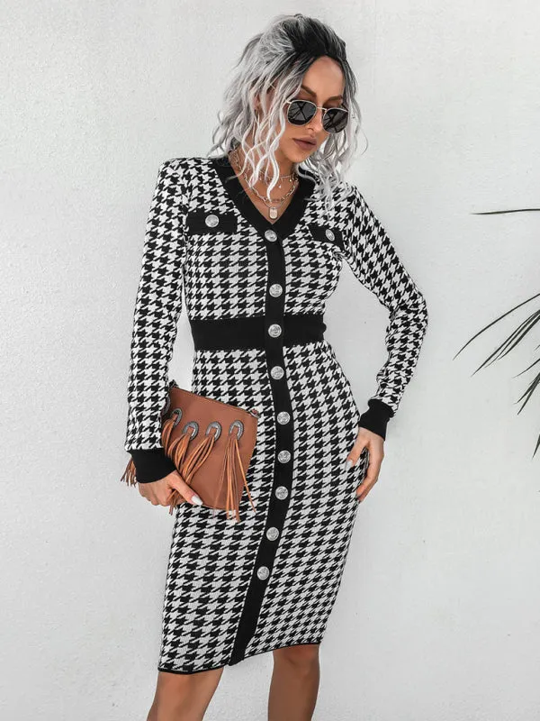 Womens Button Up Bodycon Retro Checkered Knit Dress With Long Sleeves