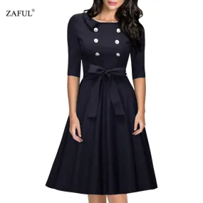 Womens Retro Audery Vintage Elegant Big Hem button Party Dresses Feminino Vestidos