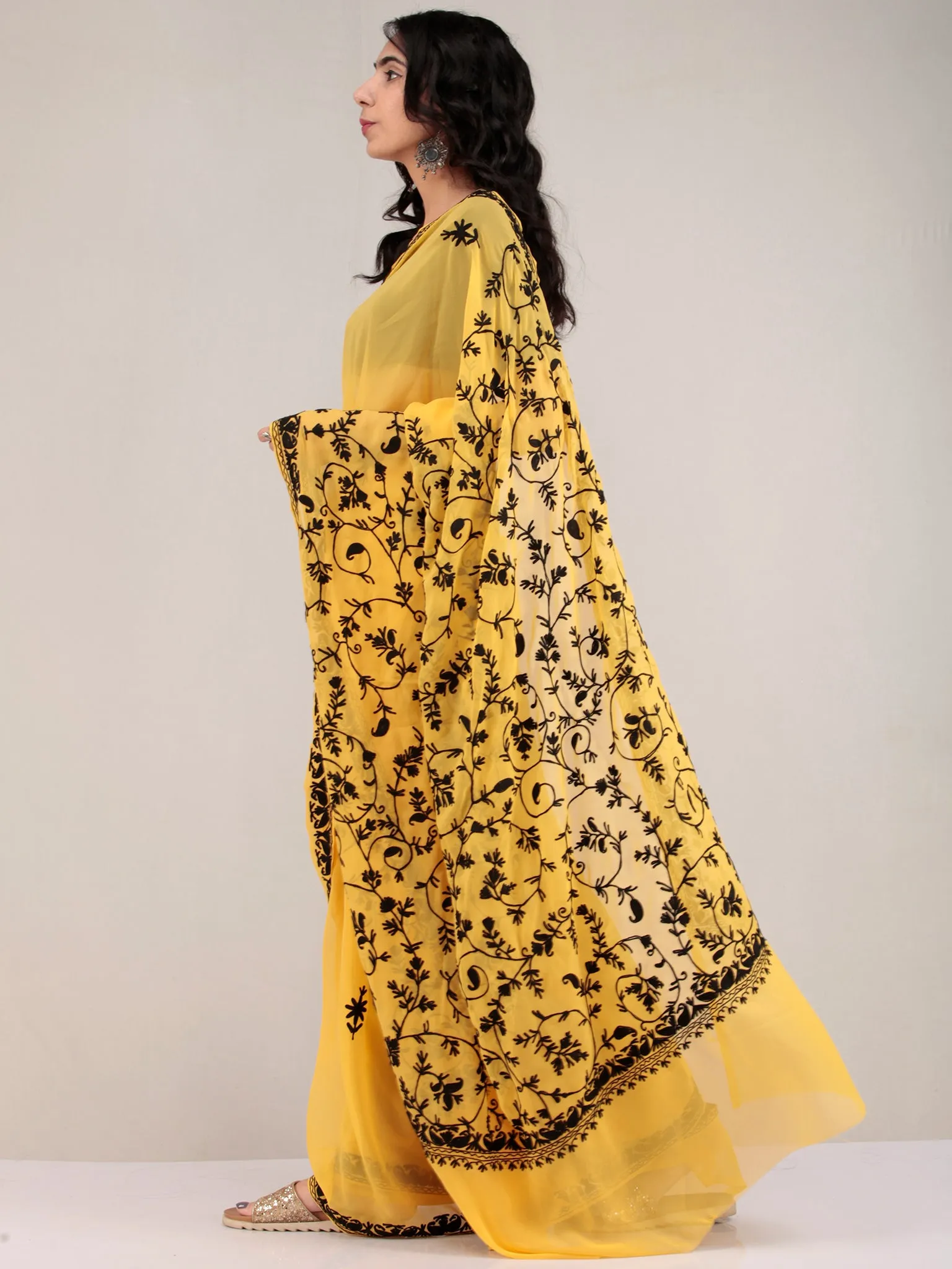 Yellow Aari Embroidered Georgette Saree From Kashmir - S031704634