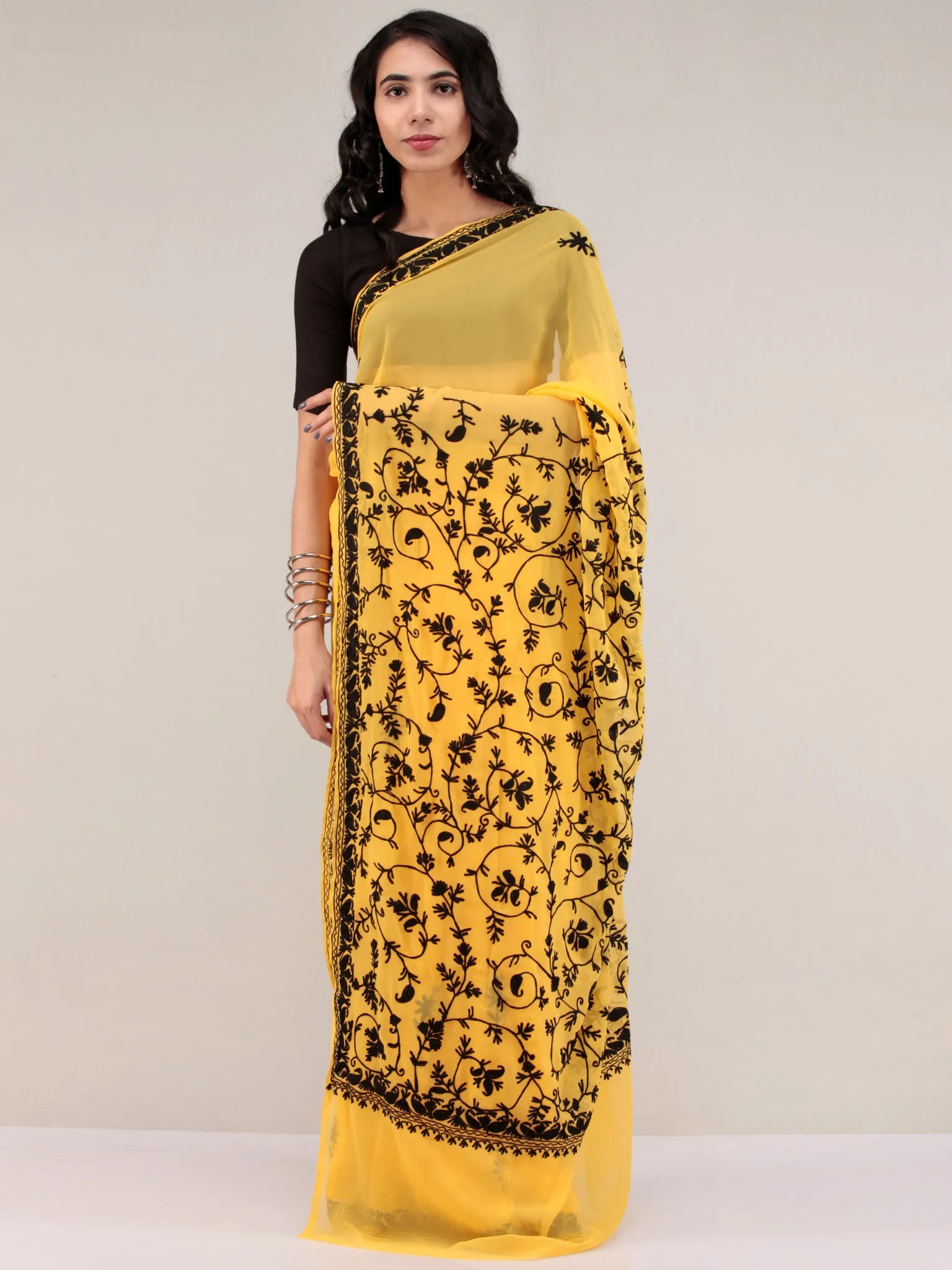 Yellow Aari Embroidered Georgette Saree From Kashmir - S031704634