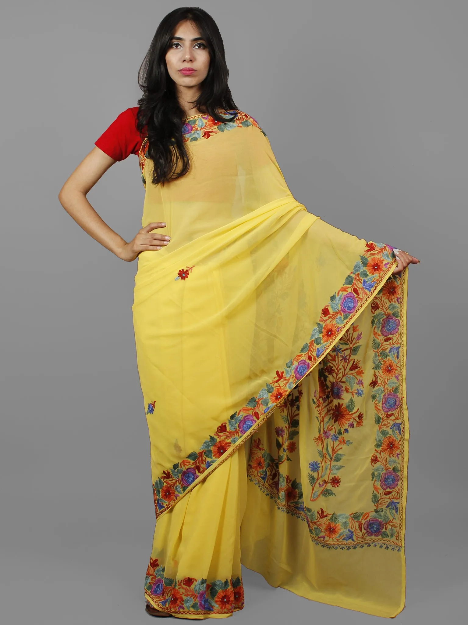 Yellow Lavender Blue Green Aari Embroidered Georgette Saree From Kashmir  - S031702162